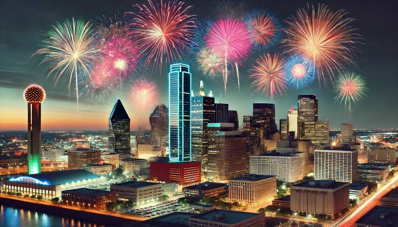 A photo-realistic image of the Fort Worth skyline with vibrant fireworks in the night sky. The scene should capture the beauty and celebration of Independence.