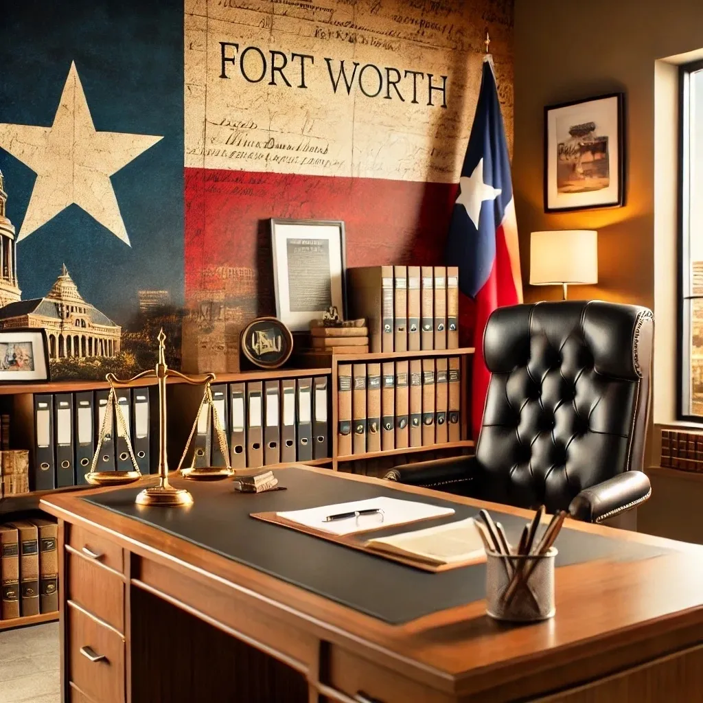 The McLarty Law Firm showing a professional law office desk setup with neatly arranged legal documents, a gavel, and Texas-themed decor, representing a welcoming and trustworthy legal service in Fort Worth."