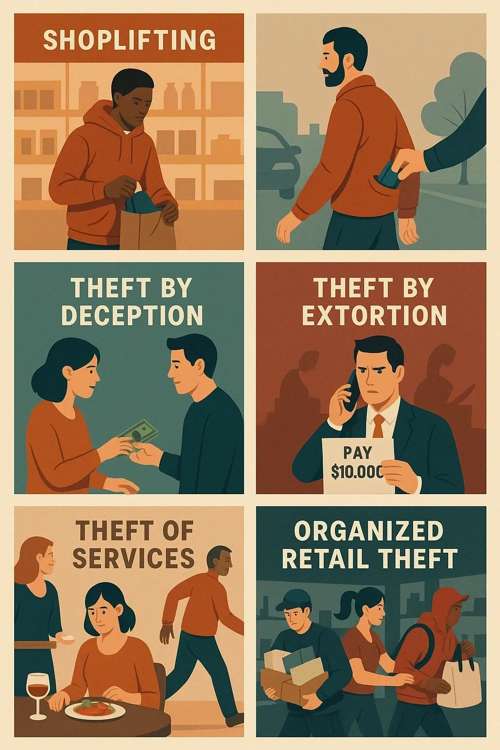 Info graphic of different kinds of theft that may occur in Fort Worth and need Criminal Defense Attorney Chelsi McLarty to help them with their case