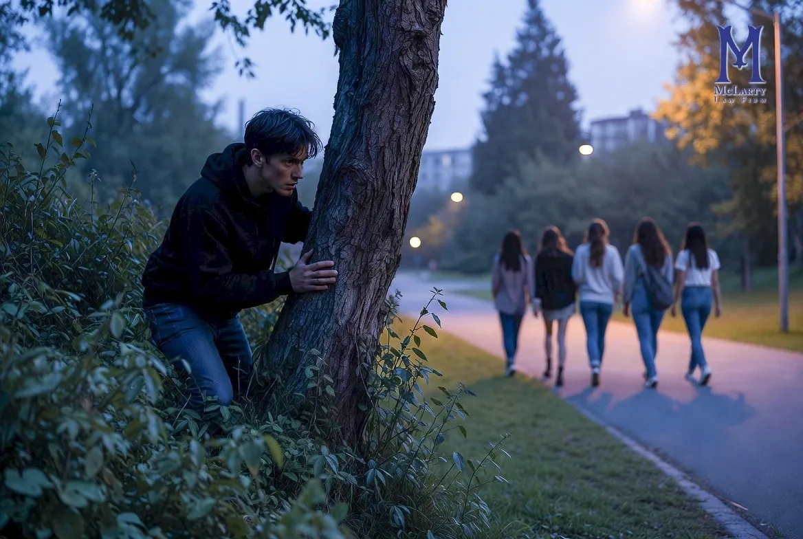 This dramatic, cinematic depiction shows a man creeping and spying exactly as a stalker would — hidden in the shadows, watching a group of young women from a distance provided by The McLarty Law Firm in Fort Worth Texas